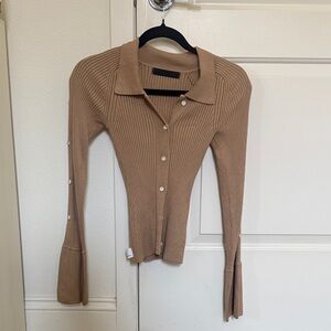 YUYU Tan Ribbed Button-Up Women's Top